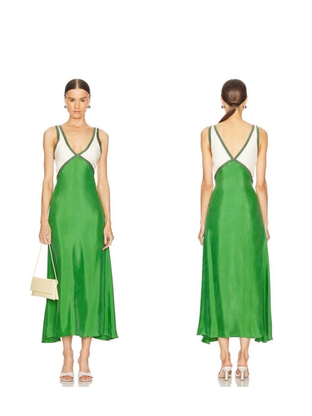 Green Satin V-Neck Midi Dress with Cream Inset